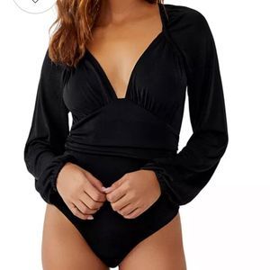 Free People In Your Arms Turnt Surplice Neck Thong Bodysuit V Neck Long Sleeves